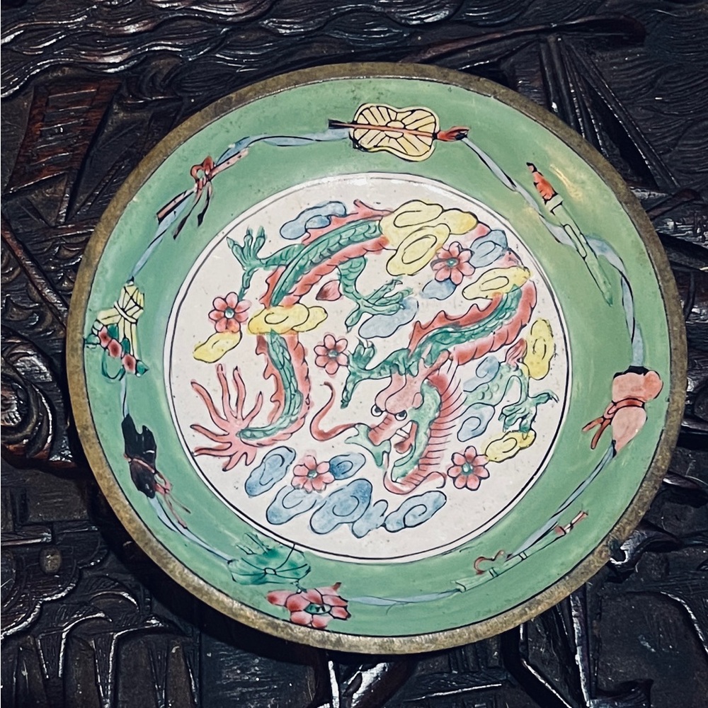 Chinese Canton Enamel Dragon Trinket Dish